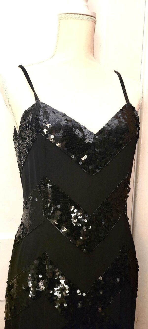 Vintage Y2K Black Silk Sequin Column Maxi Long Gown Evening Formal Slip Dress M - Picture 7 of 16